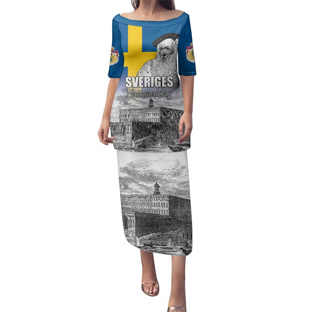 Sweden Sveriges Nationaldag Family Matching Puletasi and Hawaiian Shirt King Gustav Vasa with Stockholm Slott