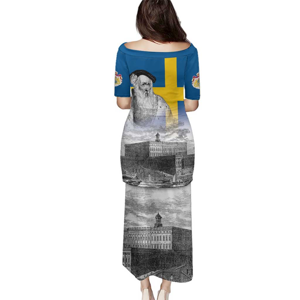 Sweden Sveriges Nationaldag Family Matching Puletasi and Hawaiian Shirt King Gustav Vasa with Stockholm Slott