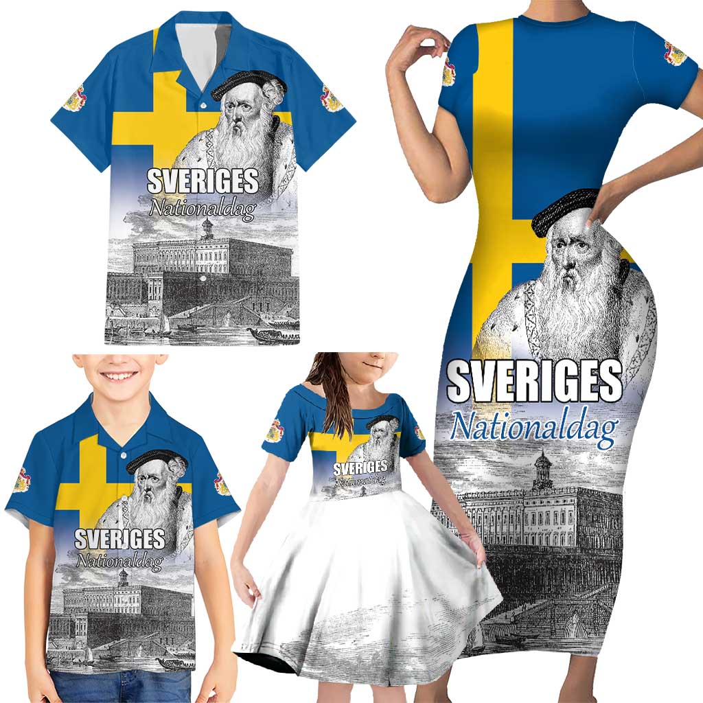 Sweden Sveriges Nationaldag Family Matching Short Sleeve Bodycon Dress and Hawaiian Shirt King Gustav Vasa with Stockholm Slott