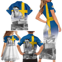 Sweden Sveriges Nationaldag Family Matching Short Sleeve Bodycon Dress and Hawaiian Shirt King Gustav Vasa with Stockholm Slott