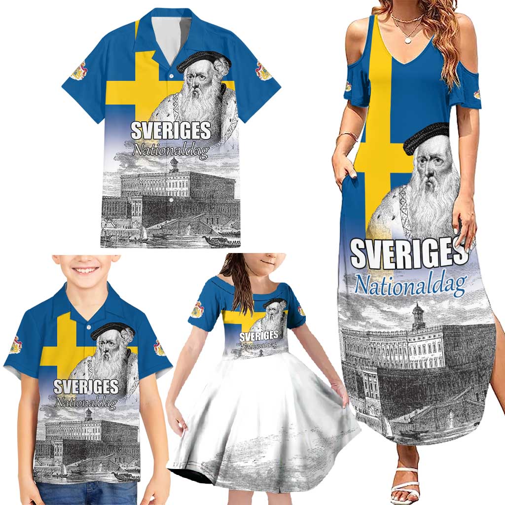 Sweden Sveriges Nationaldag Family Matching Summer Maxi Dress and Hawaiian Shirt King Gustav Vasa with Stockholm Slott
