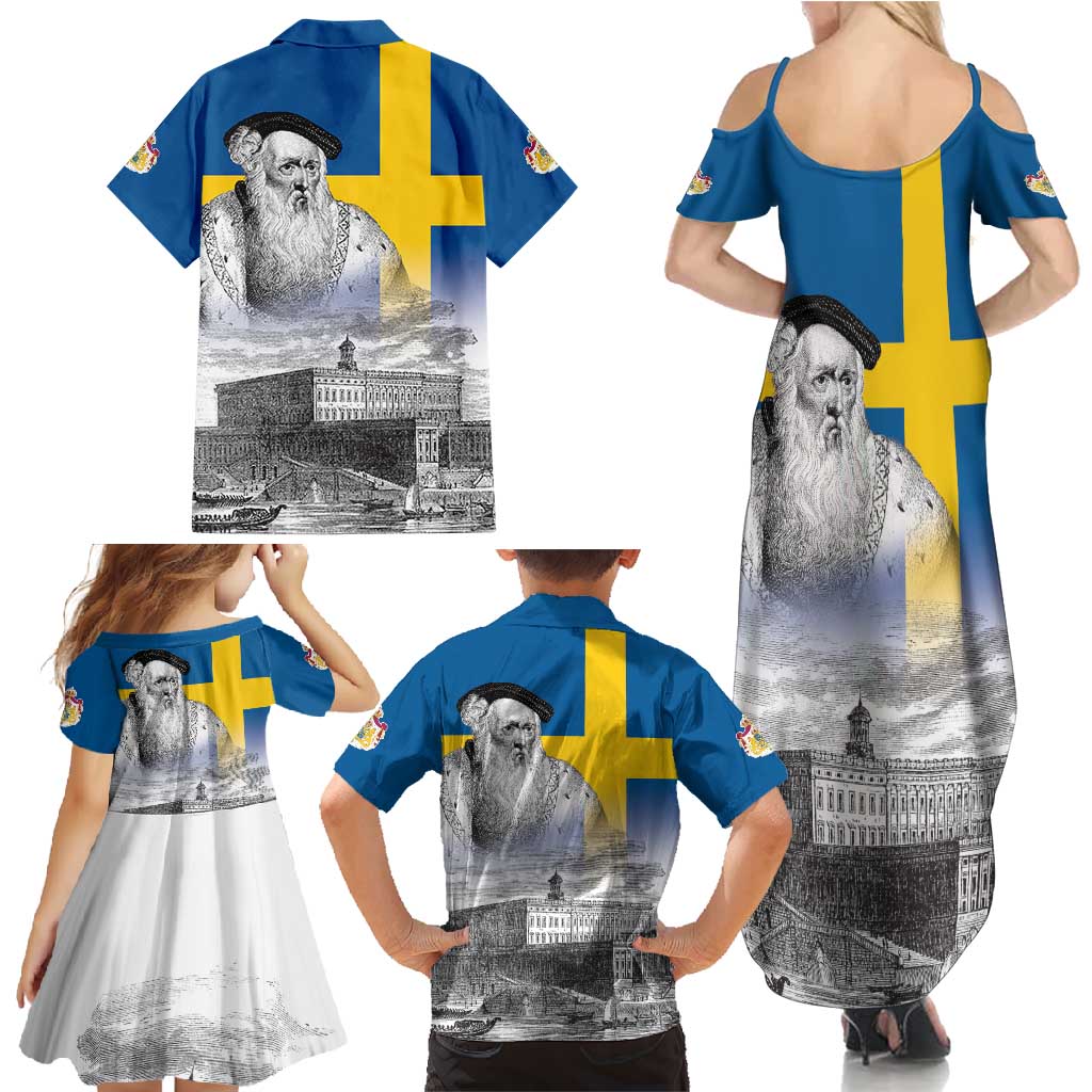 Sweden Sveriges Nationaldag Family Matching Summer Maxi Dress and Hawaiian Shirt King Gustav Vasa with Stockholm Slott