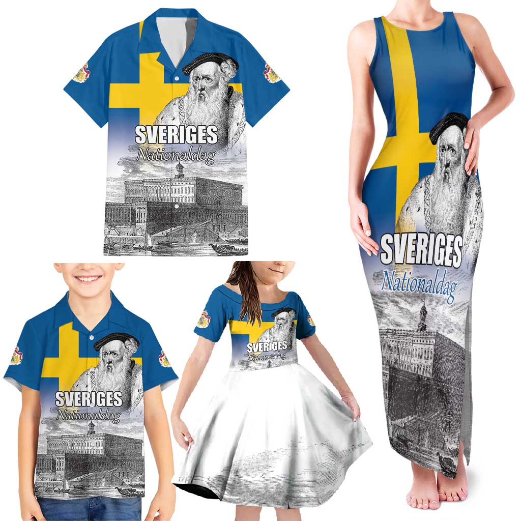 Sweden Sveriges Nationaldag Family Matching Tank Maxi Dress and Hawaiian Shirt King Gustav Vasa with Stockholm Slott