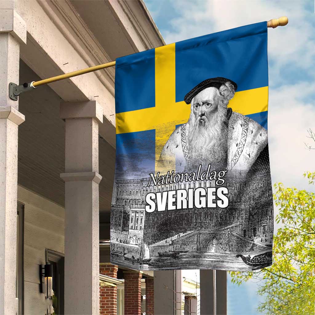 Sweden Sveriges Nationaldag Garden Flag King Gustav Vasa with Stockholm Slott