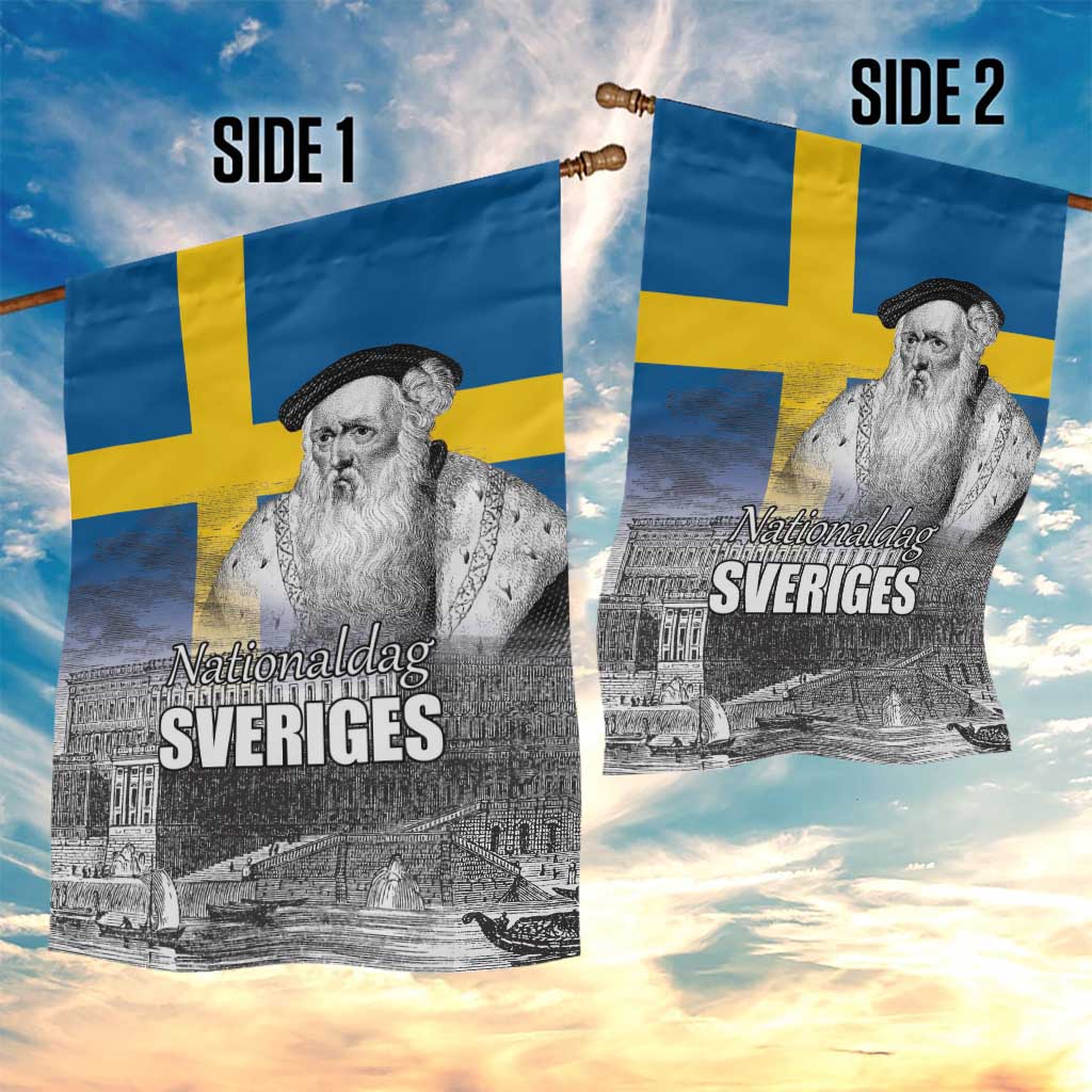 Sweden Sveriges Nationaldag Garden Flag King Gustav Vasa with Stockholm Slott