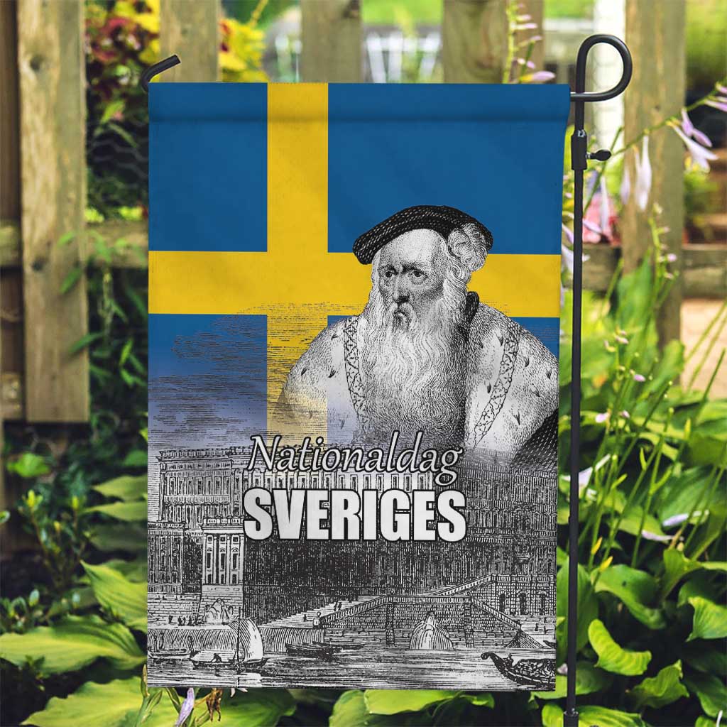 Sweden Sveriges Nationaldag Garden Flag King Gustav Vasa with Stockholm Slott