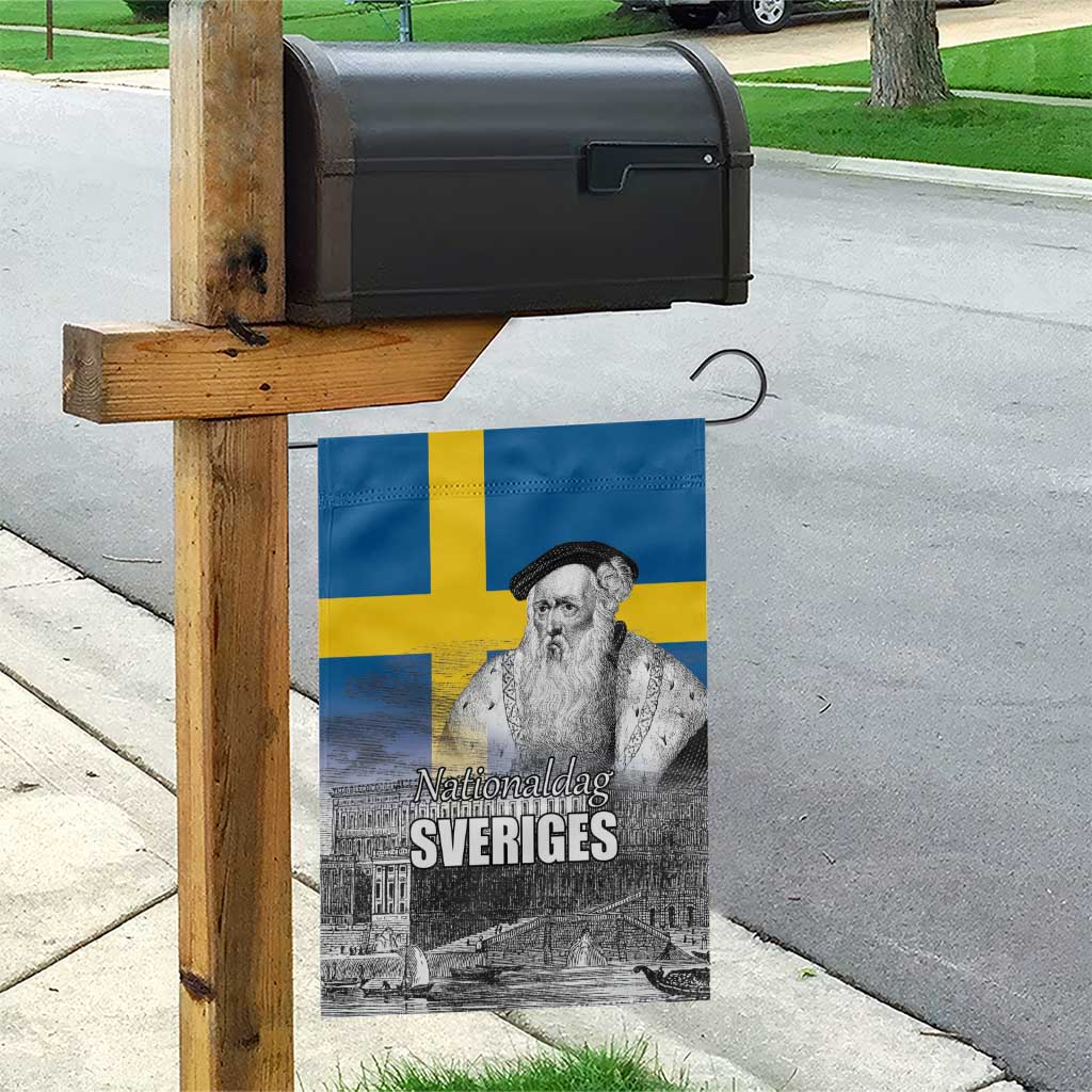 Sweden Sveriges Nationaldag Garden Flag King Gustav Vasa with Stockholm Slott