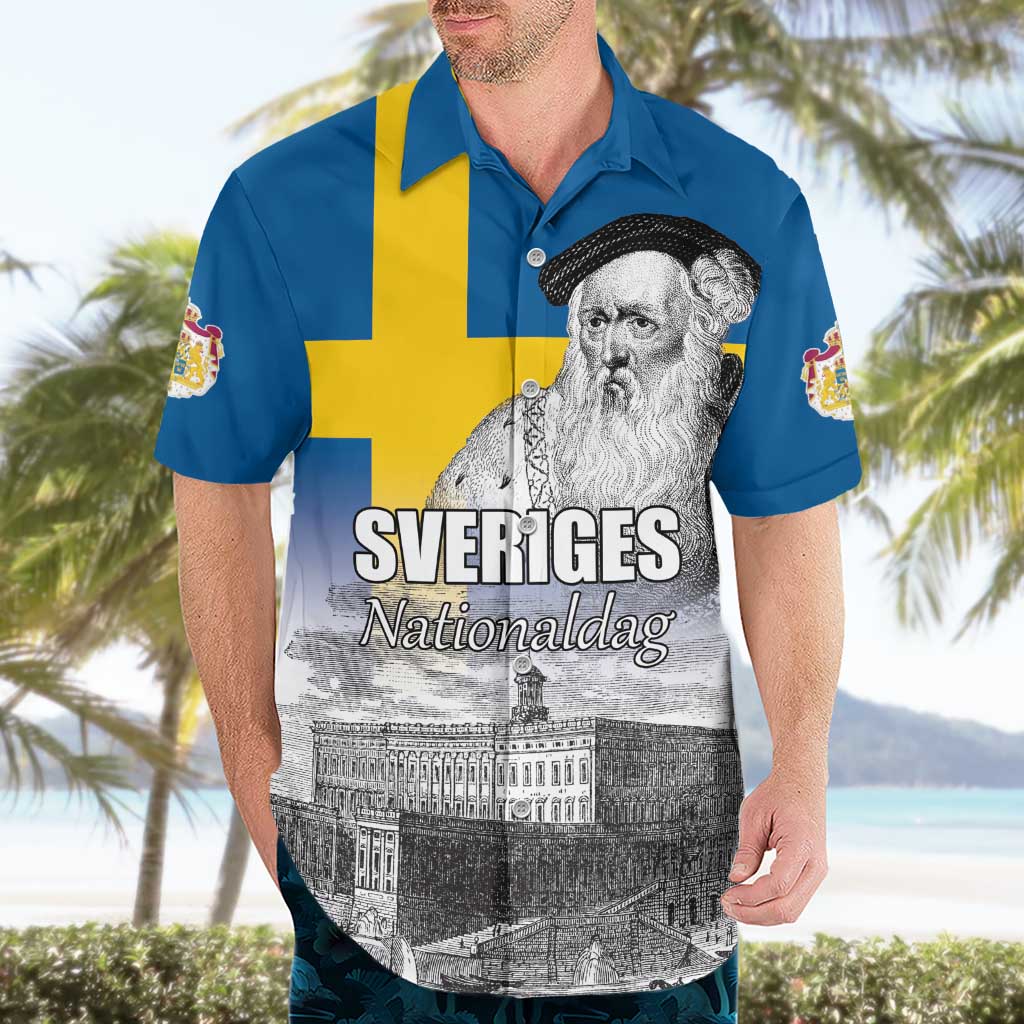 Sweden Sveriges Nationaldag Hawaiian Shirt King Gustav Vasa with Stockholm Slott