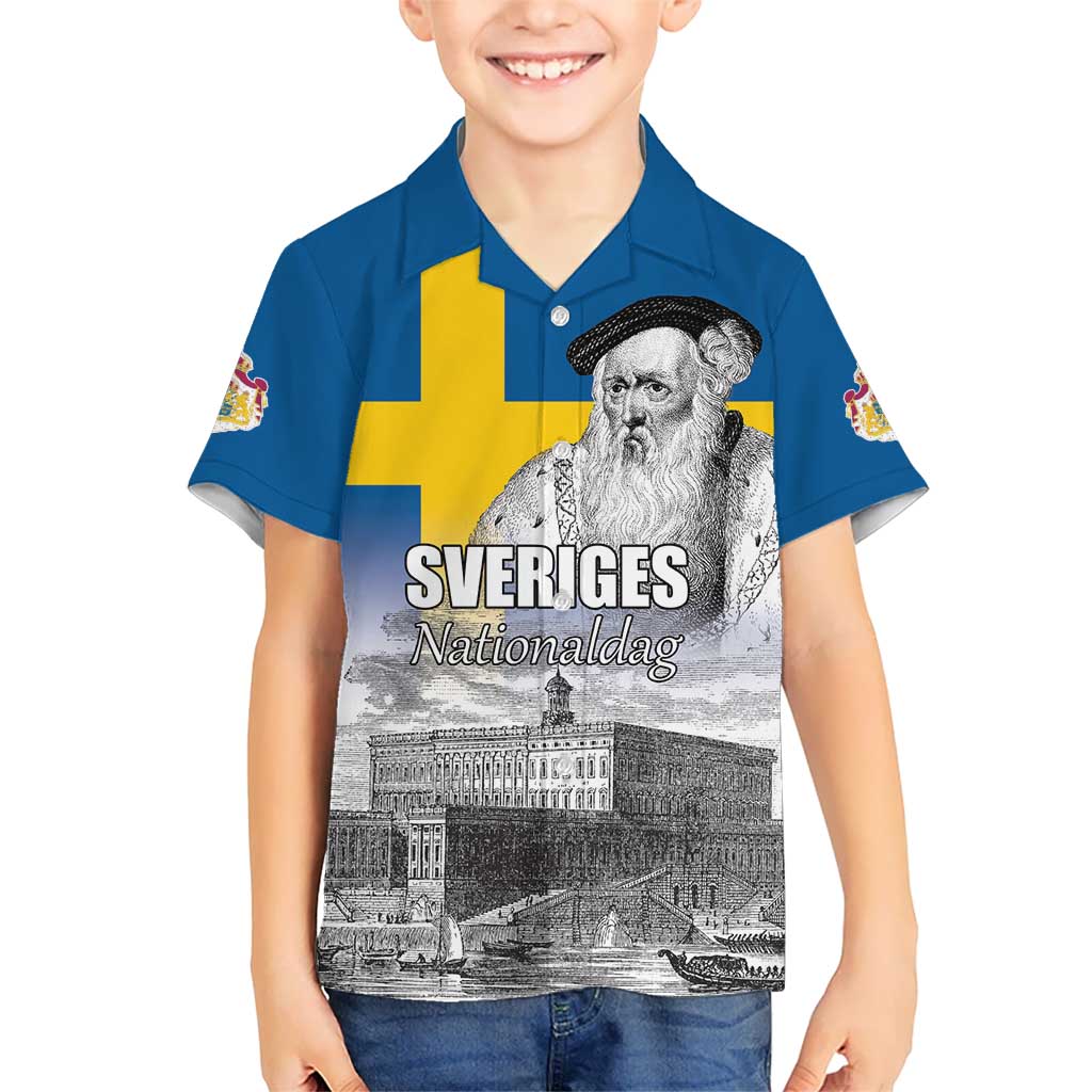 Sweden Sveriges Nationaldag Kid Hawaiian Shirt King Gustav Vasa with Stockholm Slott