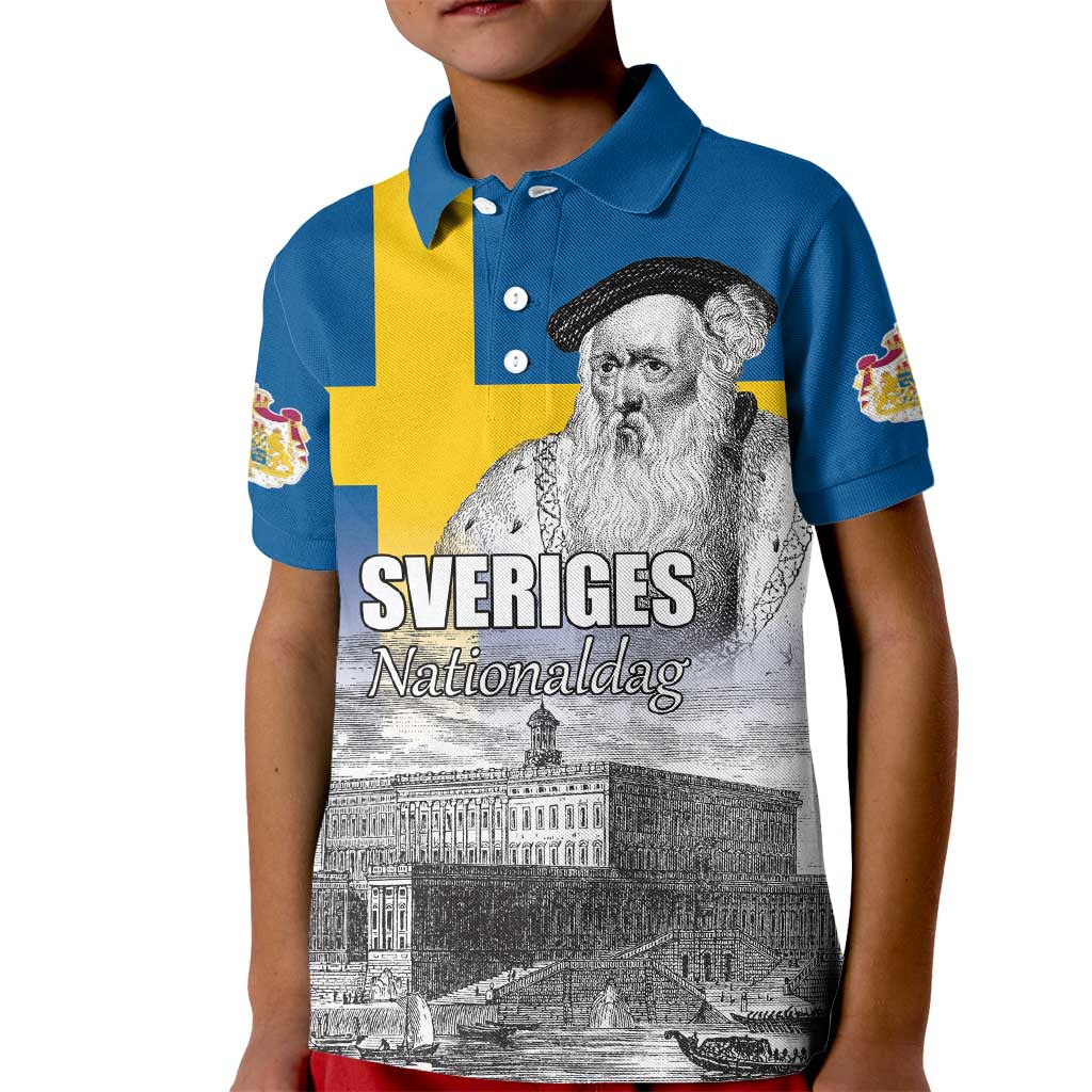 Sweden Sveriges Nationaldag Kid Polo Shirt King Gustav Vasa with Stockholm Slott