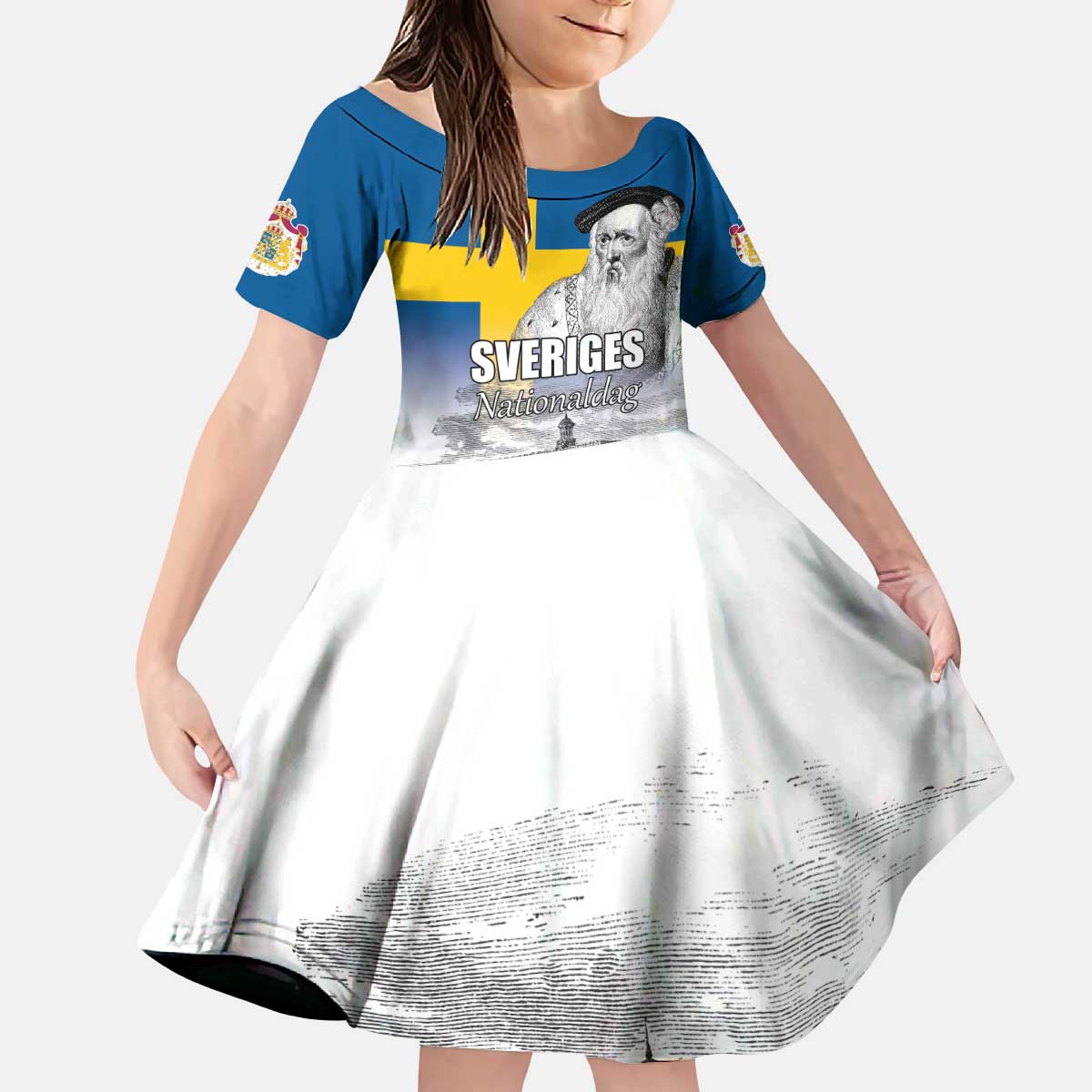 Sweden Sveriges Nationaldag Kid Short Sleeve Dress King Gustav Vasa with Stockholm Slott