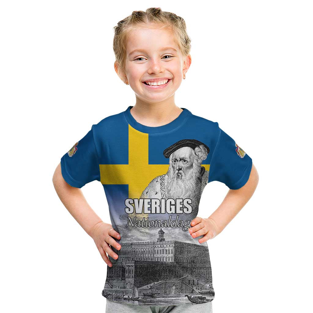 Sweden Sveriges Nationaldag Kid T Shirt King Gustav Vasa with Stockholm Slott