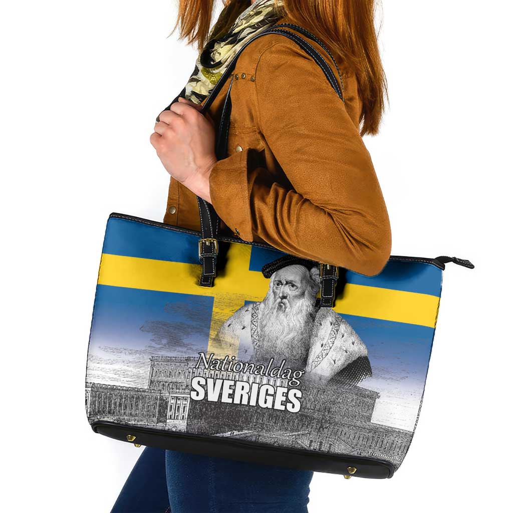 Sweden Sveriges Nationaldag Leather Tote Bag King Gustav Vasa with Stockholm Slott