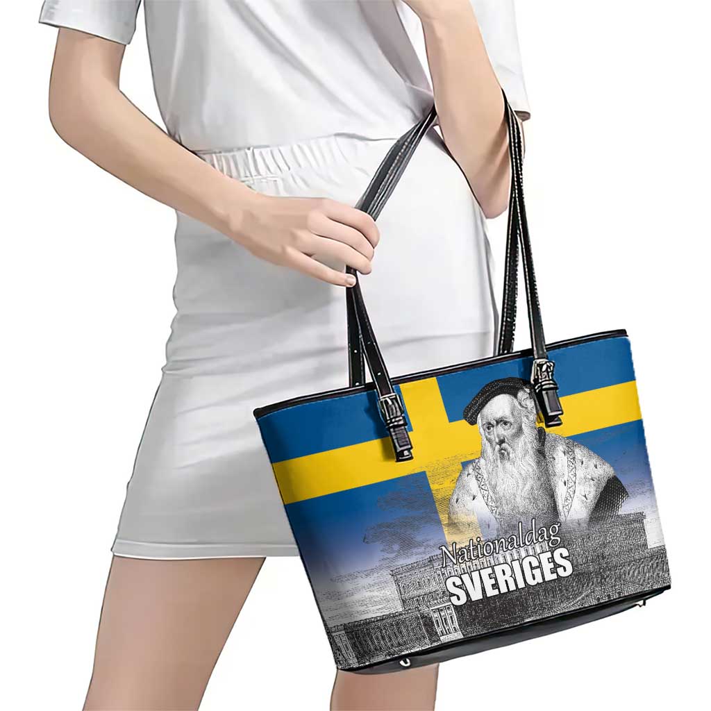 Sweden Sveriges Nationaldag Leather Tote Bag King Gustav Vasa with Stockholm Slott