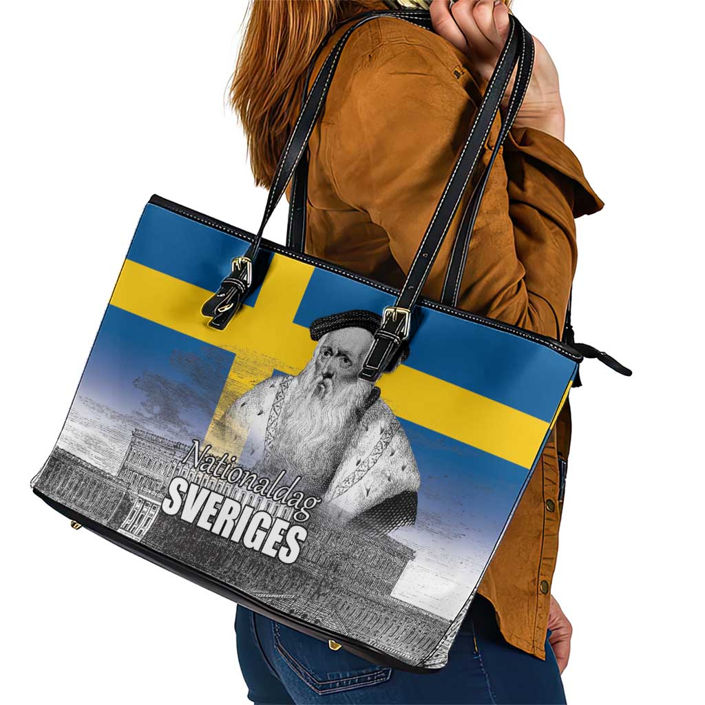 Sweden Sveriges Nationaldag Leather Tote Bag King Gustav Vasa with Stockholm Slott