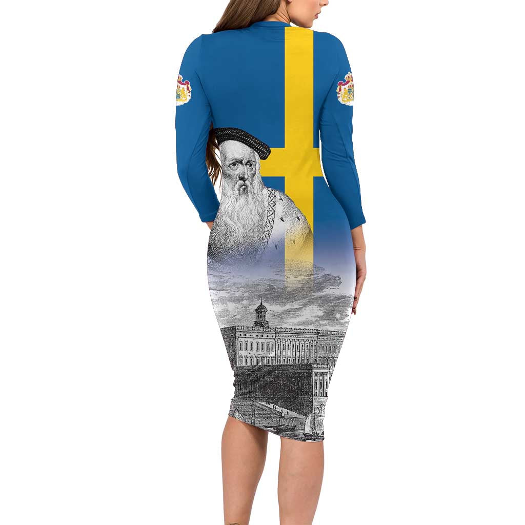 Sweden Sveriges Nationaldag Long Sleeve Bodycon Dress King Gustav Vasa with Stockholm Slott