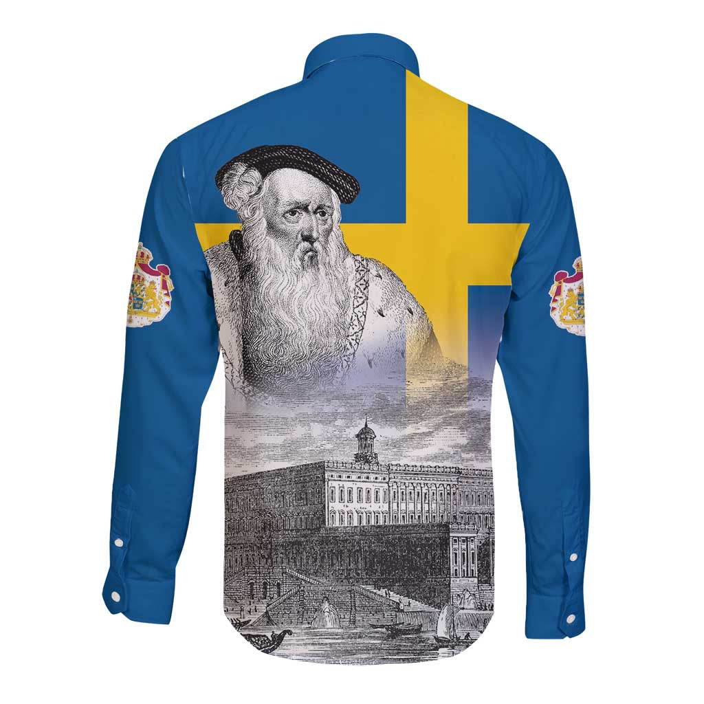 Sweden Sveriges Nationaldag Long Sleeve Button Shirt King Gustav Vasa with Stockholm Slott