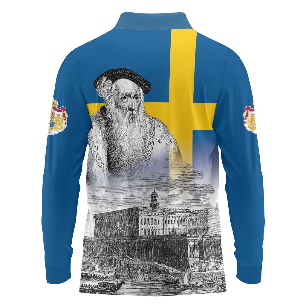 Sweden Sveriges Nationaldag Long Sleeve Polo Shirt King Gustav Vasa with Stockholm Slott