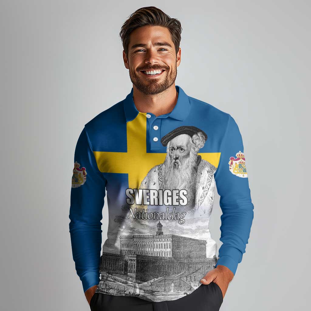 Sweden Sveriges Nationaldag Long Sleeve Polo Shirt King Gustav Vasa with Stockholm Slott