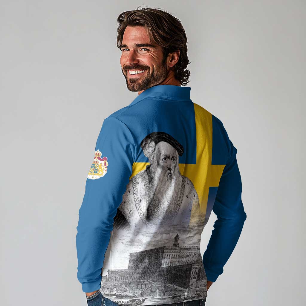 Sweden Sveriges Nationaldag Long Sleeve Polo Shirt King Gustav Vasa with Stockholm Slott