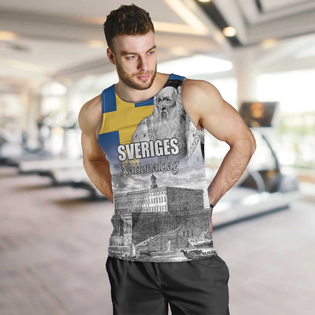 Sweden Sveriges Nationaldag Men Tank Top King Gustav Vasa with Stockholm Slott