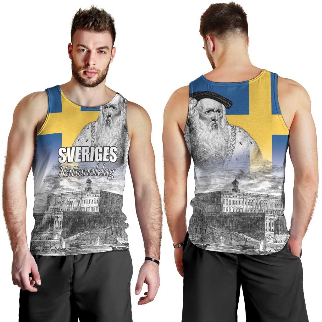 Sweden Sveriges Nationaldag Men Tank Top King Gustav Vasa with Stockholm Slott