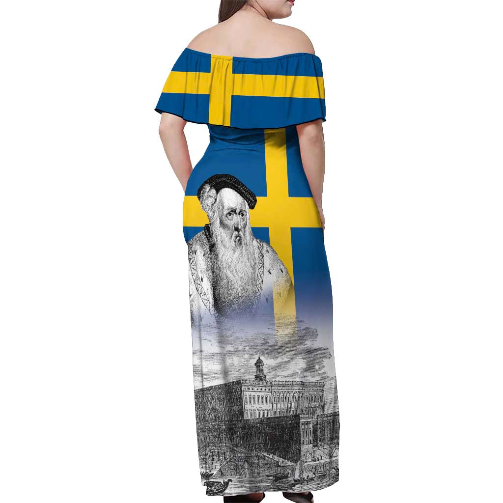 Sweden Sveriges Nationaldag Off Shoulder Maxi Dress King Gustav Vasa with Stockholm Slott