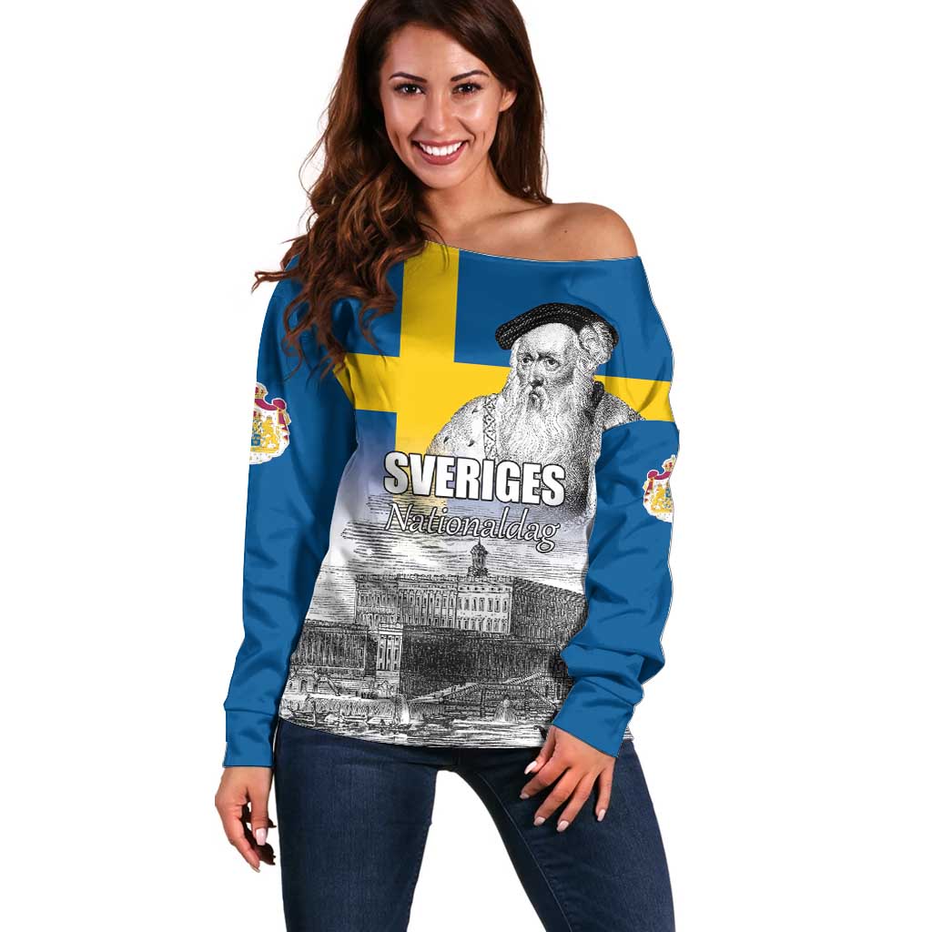 Sweden Sveriges Nationaldag Off Shoulder Sweater King Gustav Vasa with Stockholm Slott