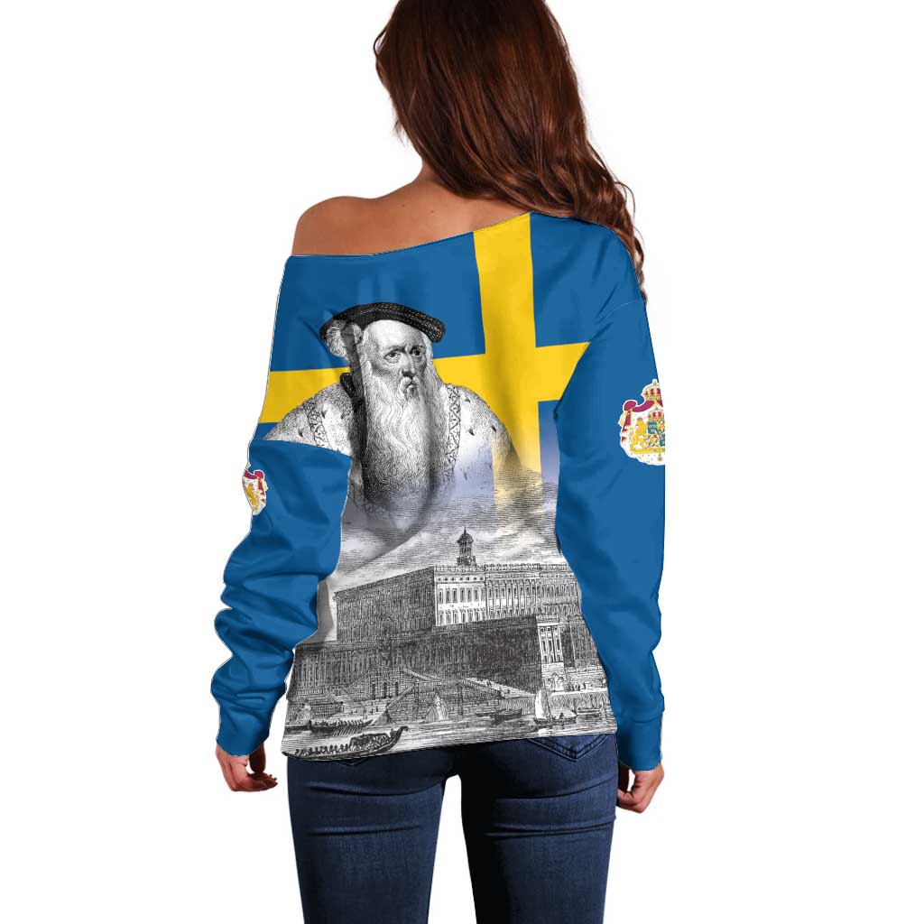 Sweden Sveriges Nationaldag Off Shoulder Sweater King Gustav Vasa with Stockholm Slott