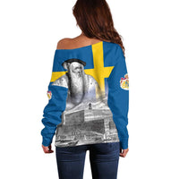 Sweden Sveriges Nationaldag Off Shoulder Sweater King Gustav Vasa with Stockholm Slott