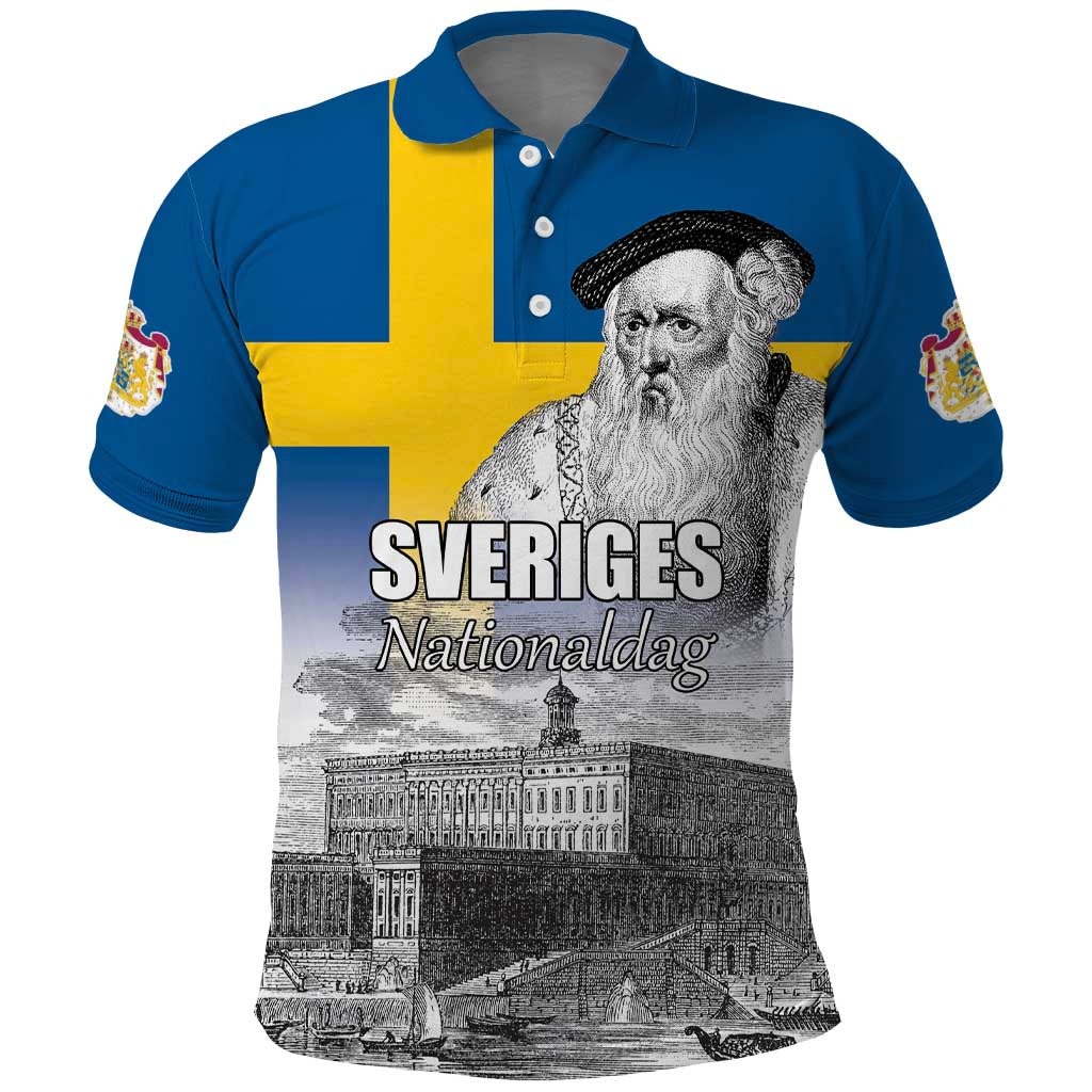 Sweden Sveriges Nationaldag Polo Shirt King Gustav Vasa with Stockholm Slott