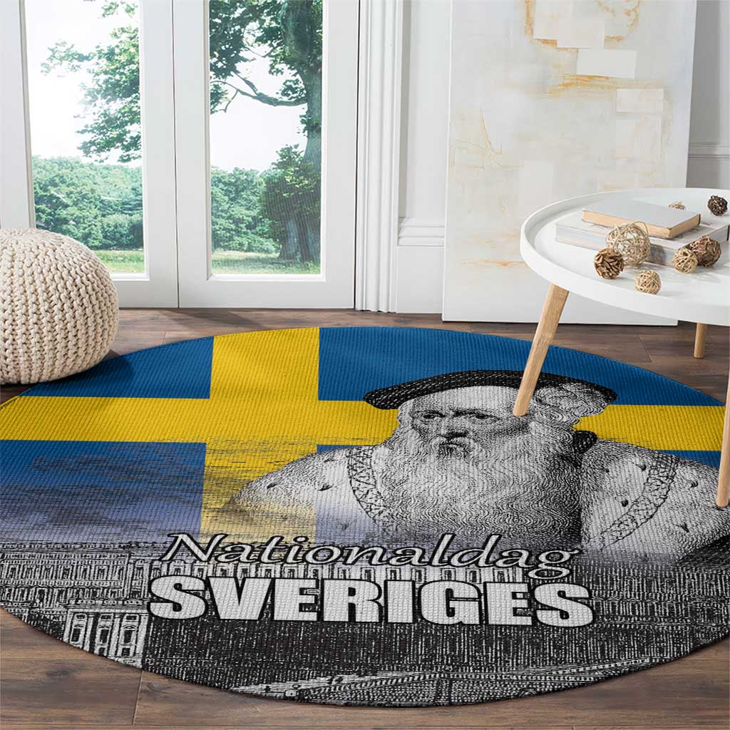 Sweden Sveriges Nationaldag Round Carpet King Gustav Vasa with Stockholm Slott