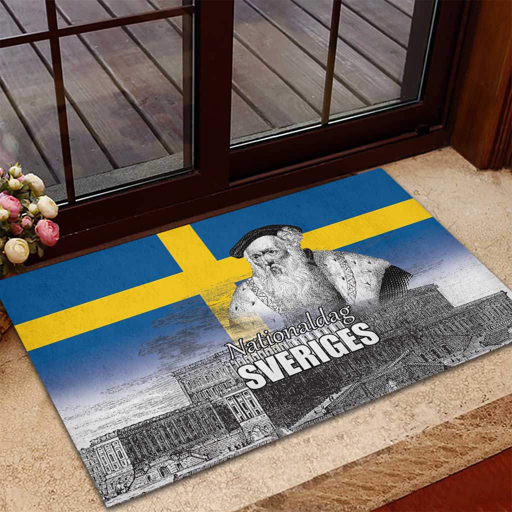 Sweden Sveriges Nationaldag Rubber Doormat King Gustav Vasa with Stockholm Slott