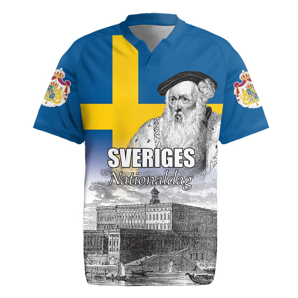 Sweden Sveriges Nationaldag Rugby Jersey King Gustav Vasa with Stockholm Slott