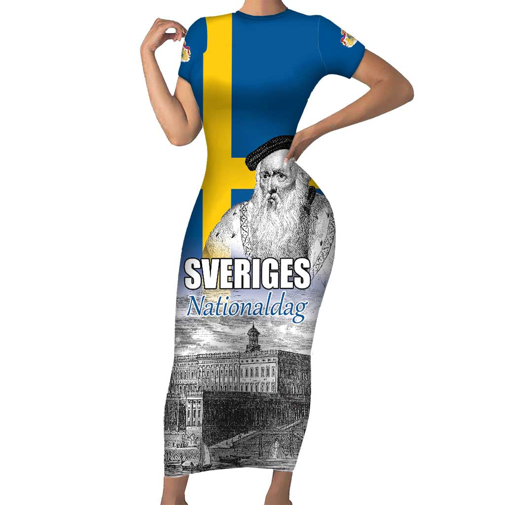Sweden Sveriges Nationaldag Short Sleeve Bodycon Dress King Gustav Vasa with Stockholm Slott
