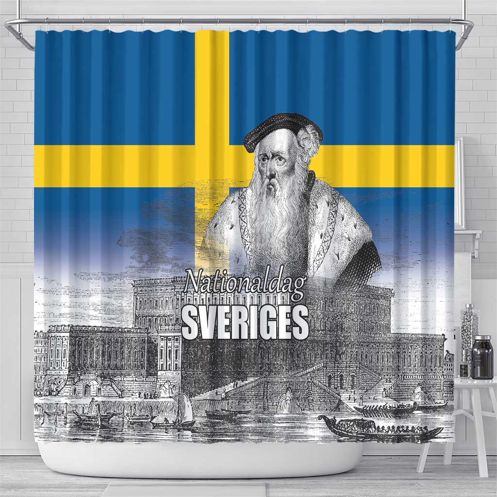 Sweden Sveriges Nationaldag Shower Curtain King Gustav Vasa with Stockholm Slott