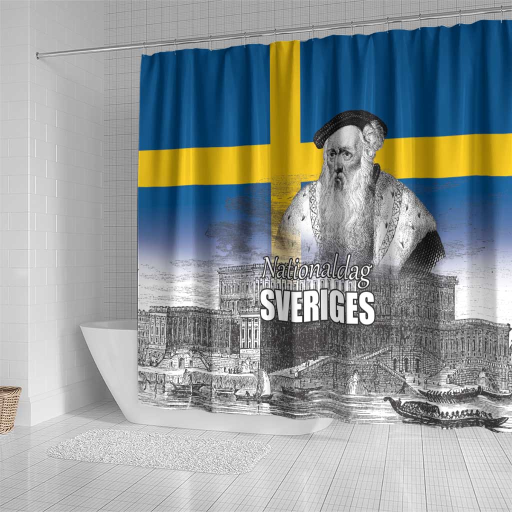 Sweden Sveriges Nationaldag Shower Curtain King Gustav Vasa with Stockholm Slott