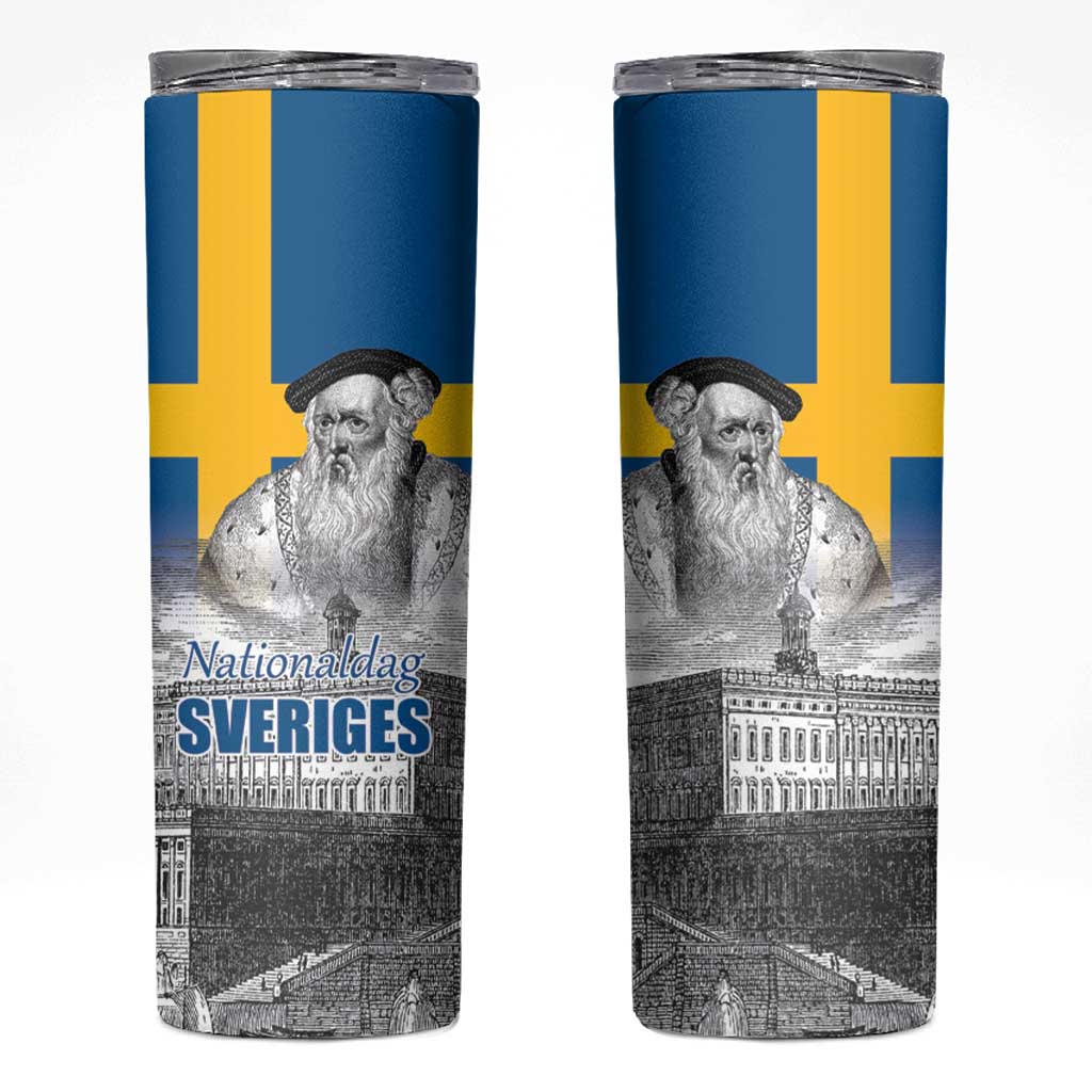 Sweden Sveriges Nationaldag Skinny Tumbler King Gustav Vasa with Stockholm Slott