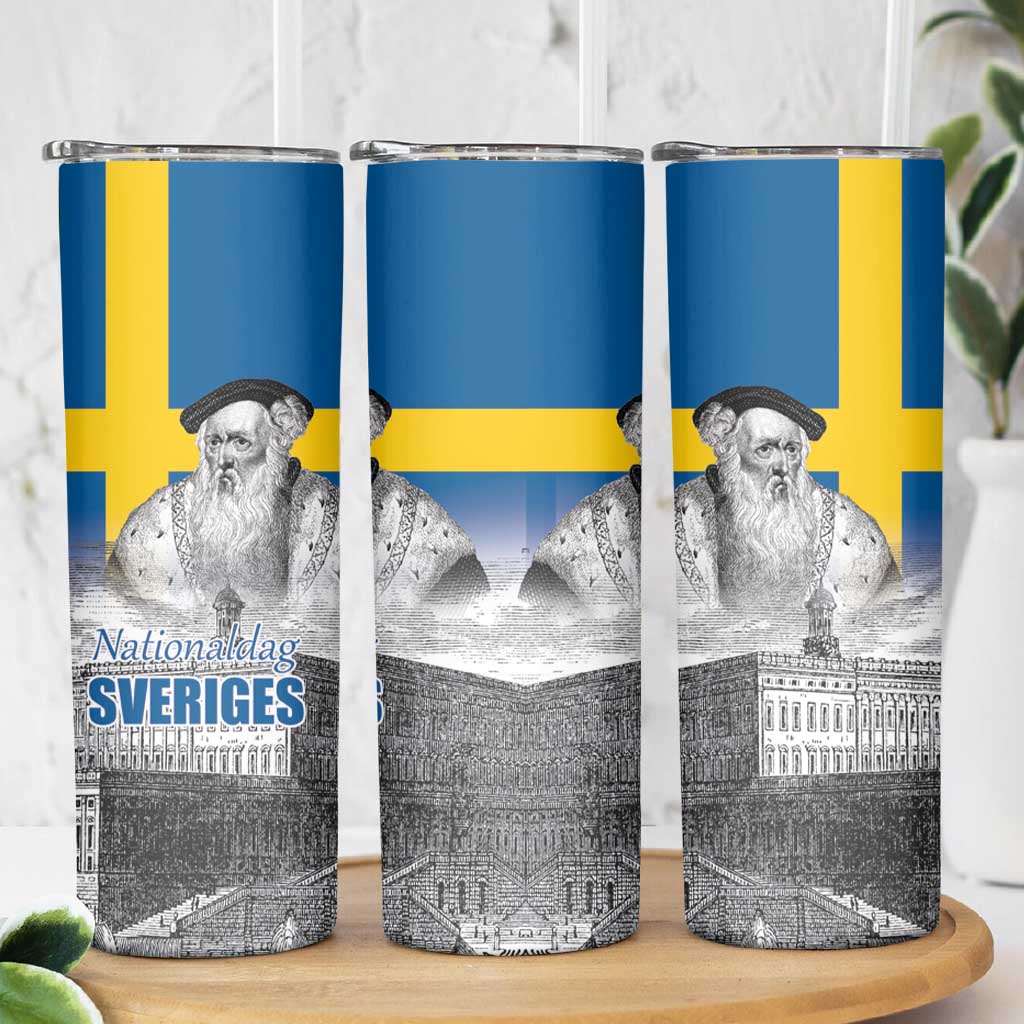Sweden Sveriges Nationaldag Skinny Tumbler King Gustav Vasa with Stockholm Slott