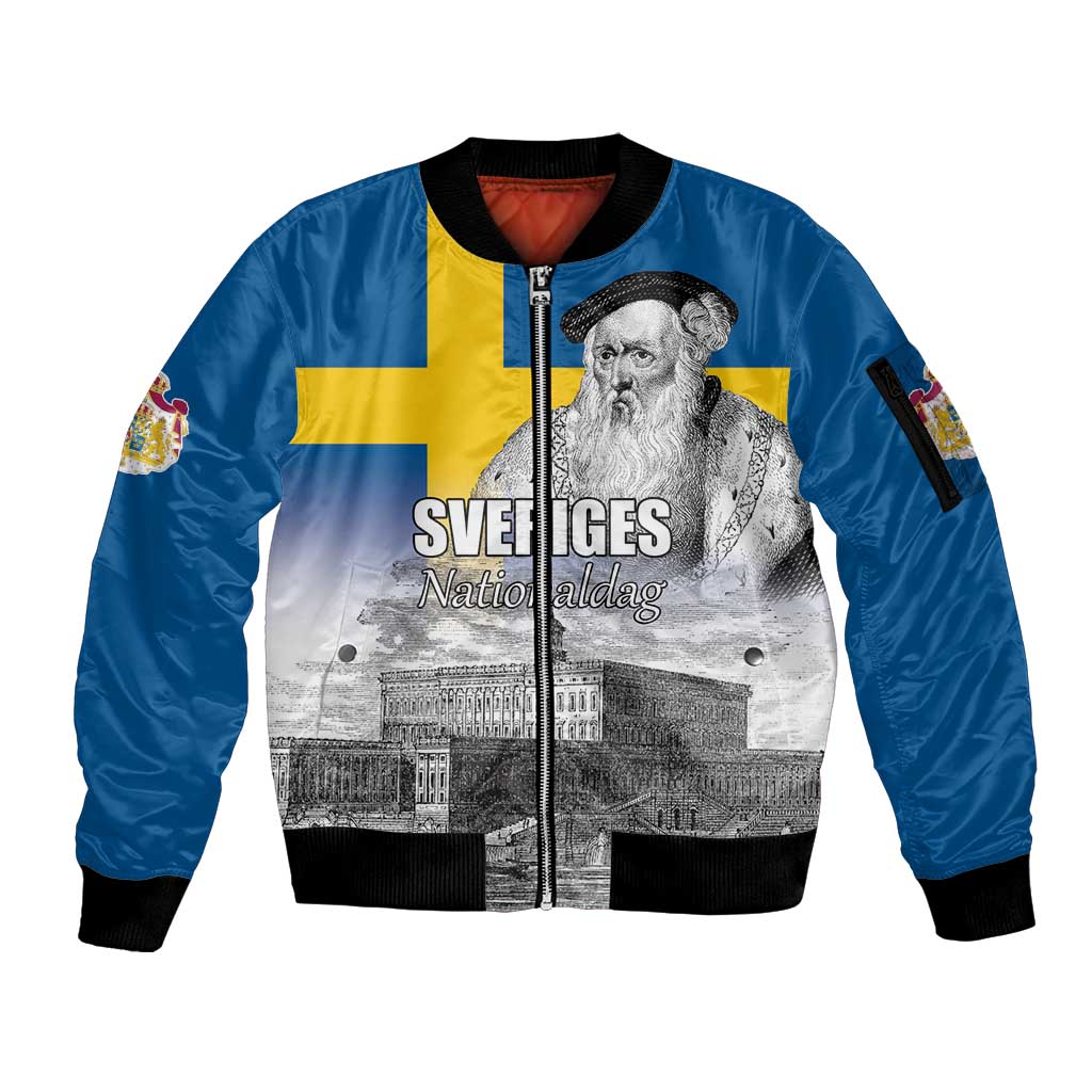 Sweden Sveriges Nationaldag Sleeve Zip Bomber Jacket King Gustav Vasa with Stockholm Slott