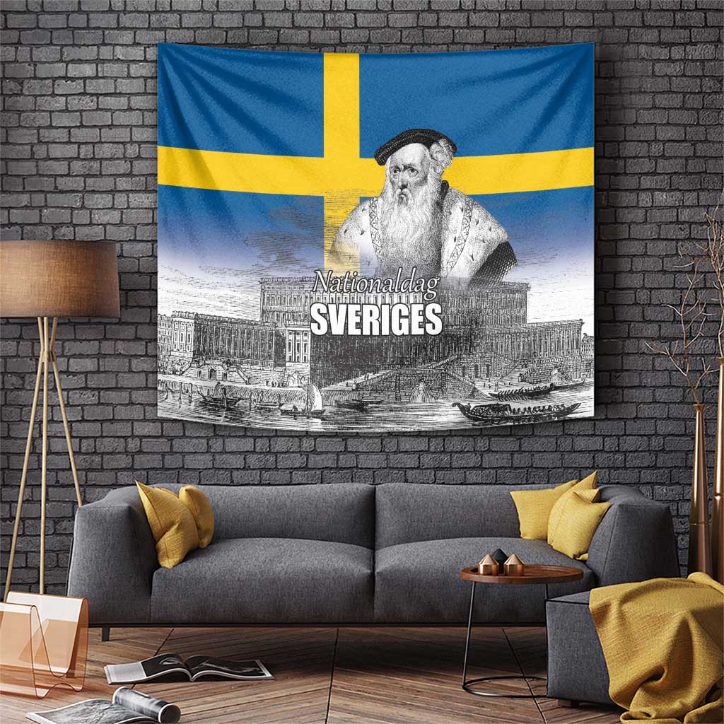 Sweden Sveriges Nationaldag Tapestry King Gustav Vasa with Stockholm Slott