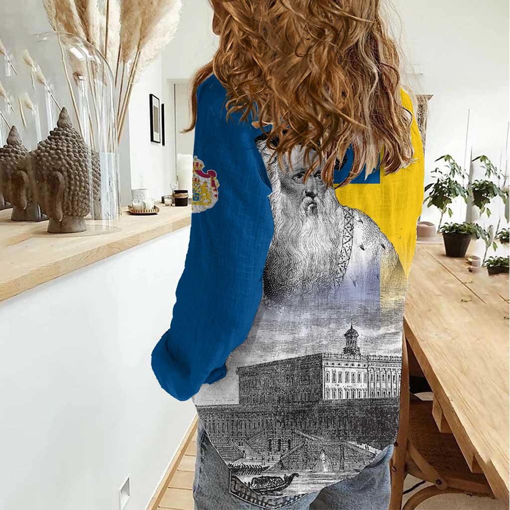 Sweden Sveriges Nationaldag Women Casual Shirt King Gustav Vasa with Stockholm Slott
