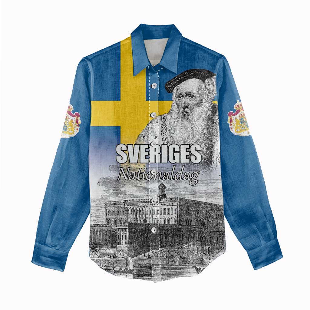 Sweden Sveriges Nationaldag Women Casual Shirt King Gustav Vasa with Stockholm Slott