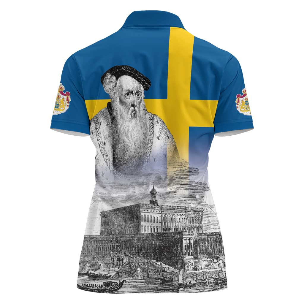 Sweden Sveriges Nationaldag Women Polo Shirt King Gustav Vasa with Stockholm Slott