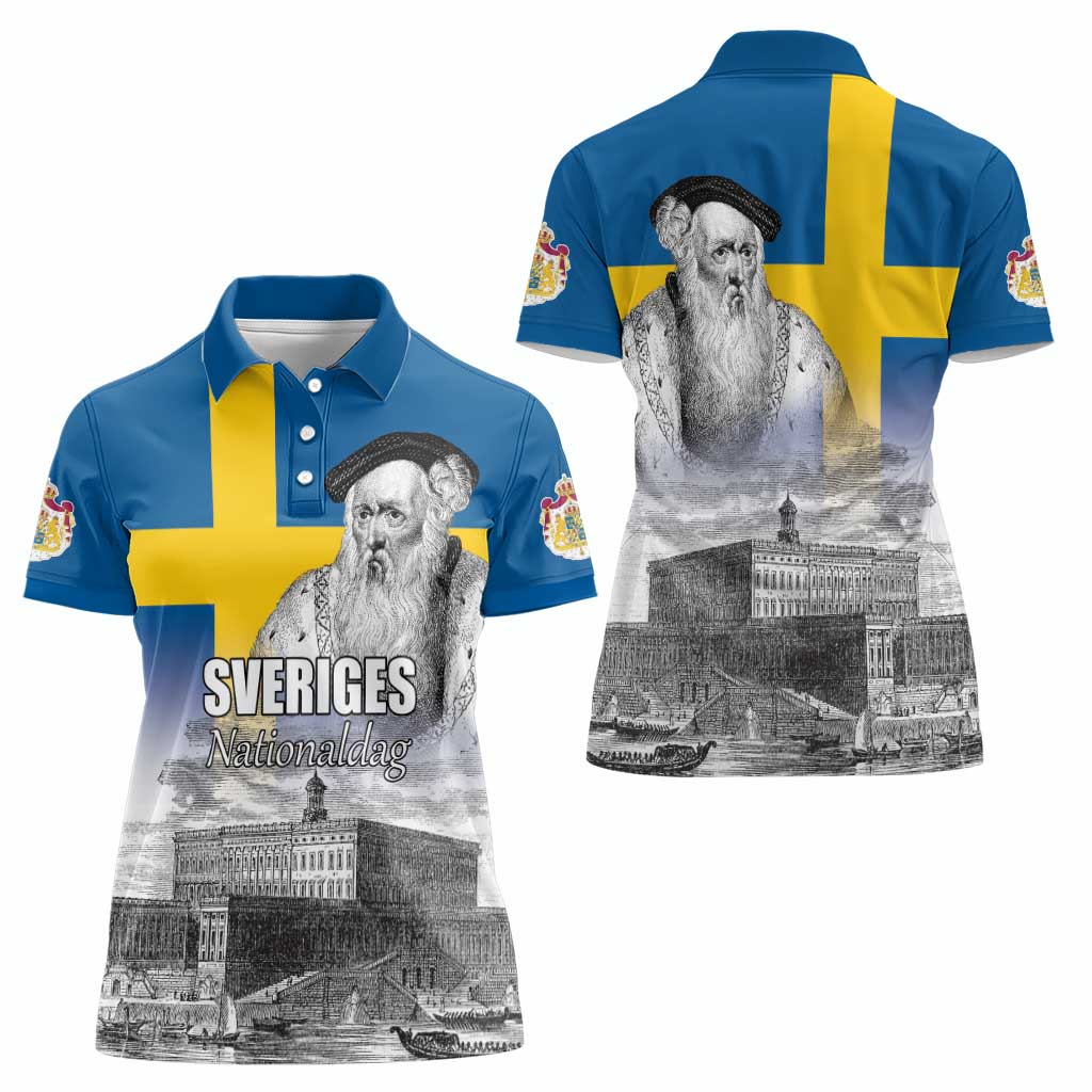Sweden Sveriges Nationaldag Women Polo Shirt King Gustav Vasa with Stockholm Slott