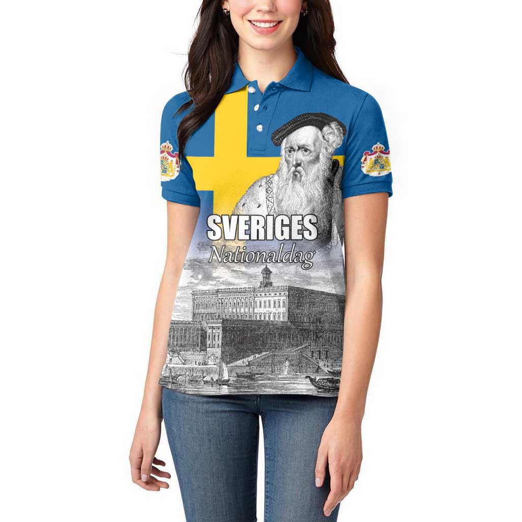 Sweden Sveriges Nationaldag Women Polo Shirt King Gustav Vasa with Stockholm Slott