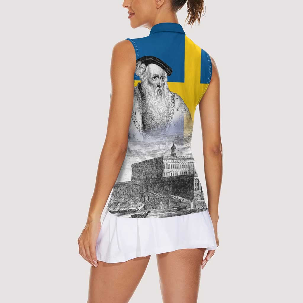 Sweden Sveriges Nationaldag Women Sleeveless Polo Shirt King Gustav Vasa with Stockholm Slott