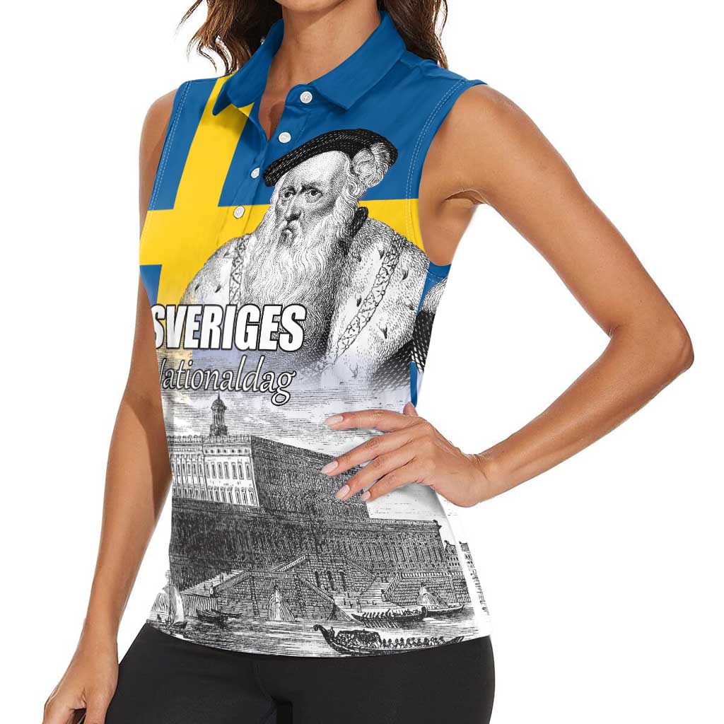 Sweden Sveriges Nationaldag Women Sleeveless Polo Shirt King Gustav Vasa with Stockholm Slott