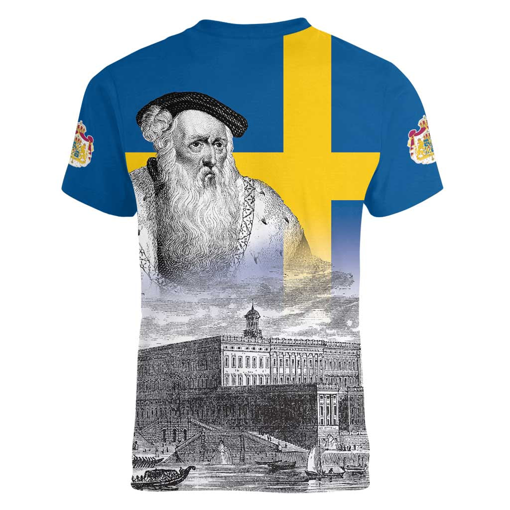 Sweden Sveriges Nationaldag Women V-Neck T-Shirt King Gustav Vasa with Stockholm Slott