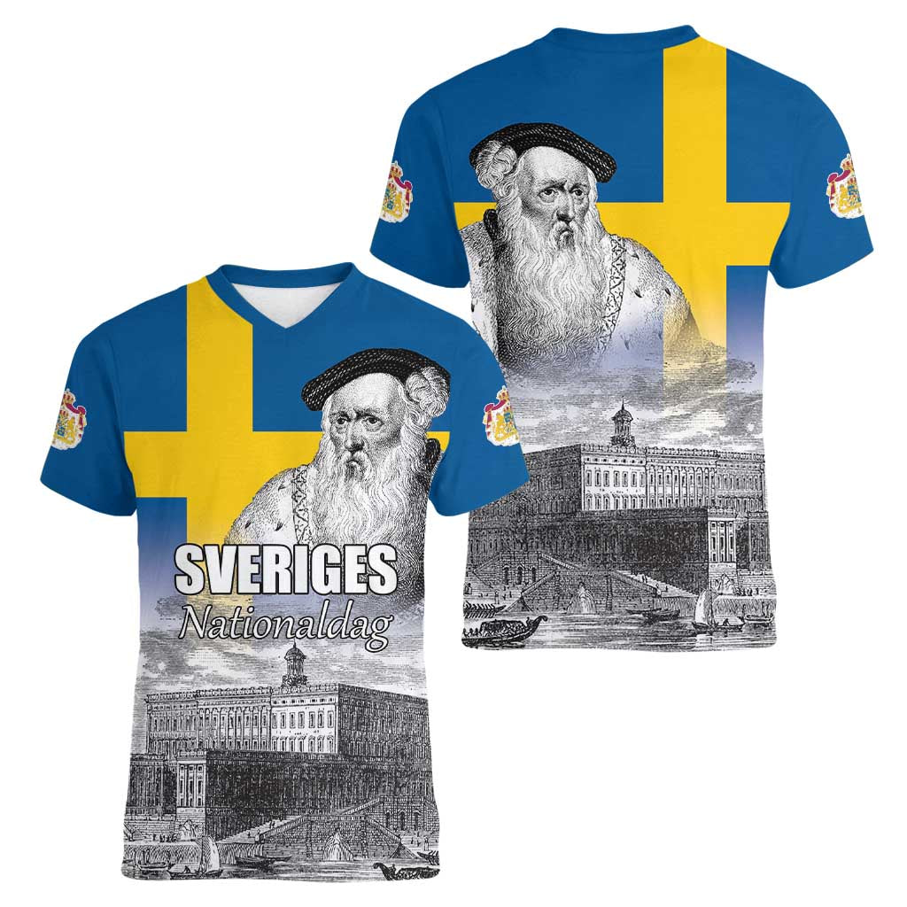 Sweden Sveriges Nationaldag Women V-Neck T-Shirt King Gustav Vasa with Stockholm Slott